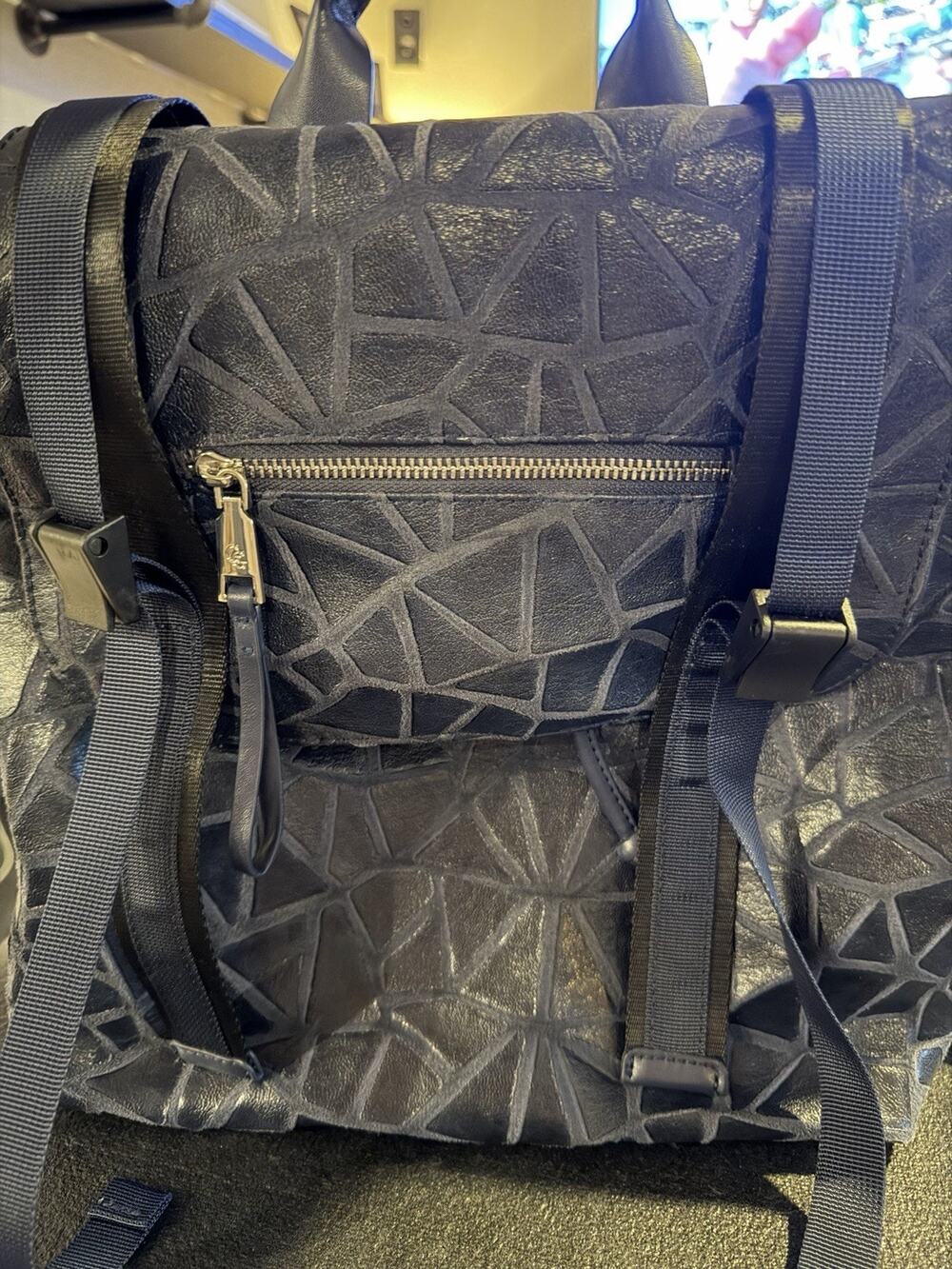 Glitzy Navy Blue Geometric Textured Leather Backpack Rucksack Drawstring Bag